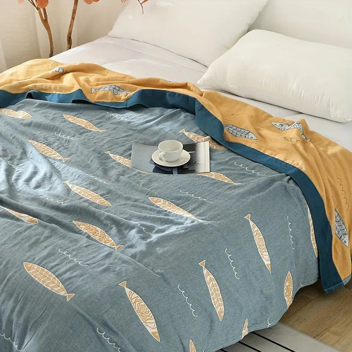 Airy Fish Print Muslin Throw Blanket in Layered Cotton Gauze | Breathable Evening Throw | Throw Blankets