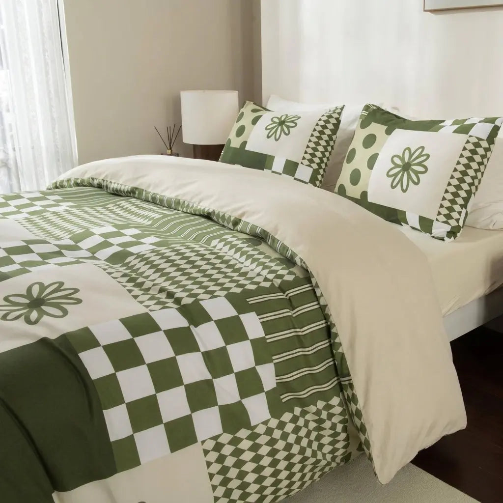 Floral Geometric Duvet Cover Set with Patchwork Print and Zipper Closure | Floral Patchwork Duvet Cover Set | Duvet Sets