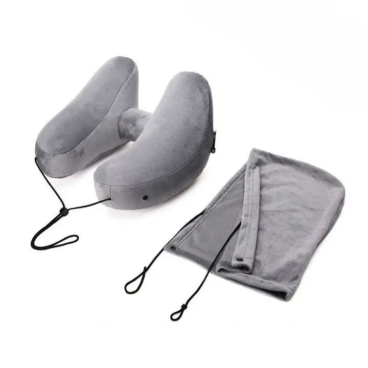 Inflatable Hooded Travel Pillow with U-Shape and Blackout Cap | Hooded Inflatable Travel Pillow | Travel Pillows