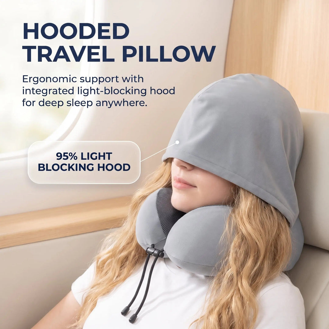 Cozy Hooded Travel Neck Pillow with Plush-Lined Hood | Shade and Support in One | Travel Pillows