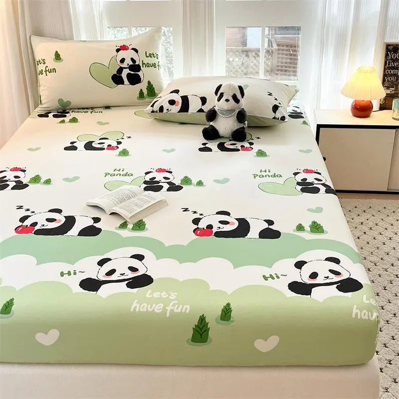 Cartoon Panda Printed Matte Fitted Sheet for Kids Bedrooms | Playful Panda Print for Kids | Fitted Sheets