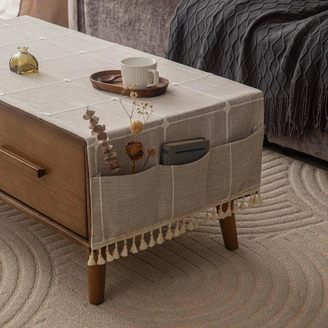 Tasseled Coffee Table Cover Cloth with Side Storage Pockets, 20x59in | Tidy Table, Pocketed Storage | Table Covers
