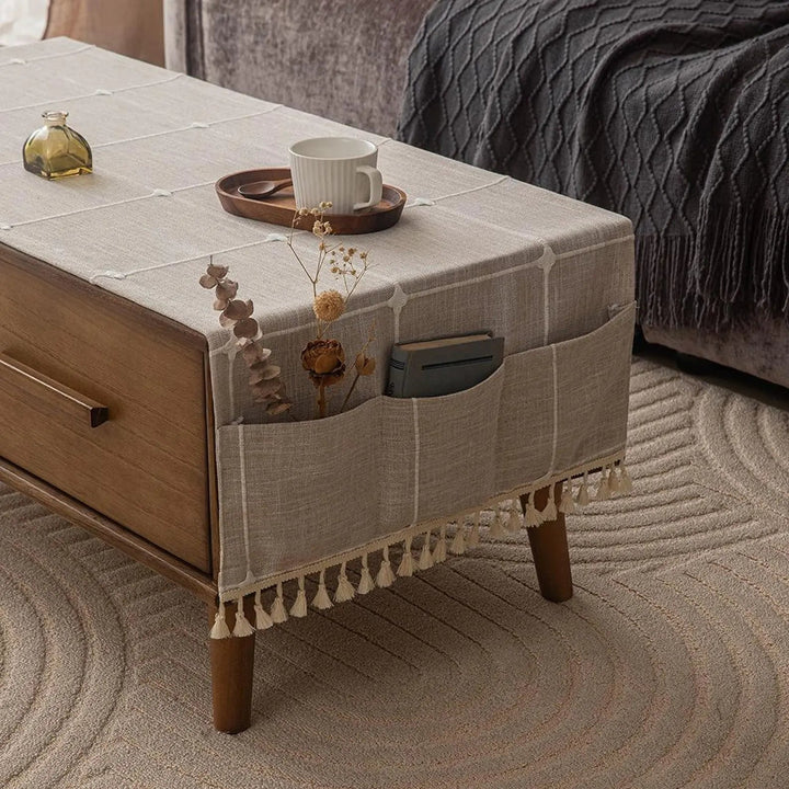 Tasseled Coffee Table Cover Cloth with Side Storage Pockets, 20x59in | Tidy Table, Pocketed Storage | Table Covers