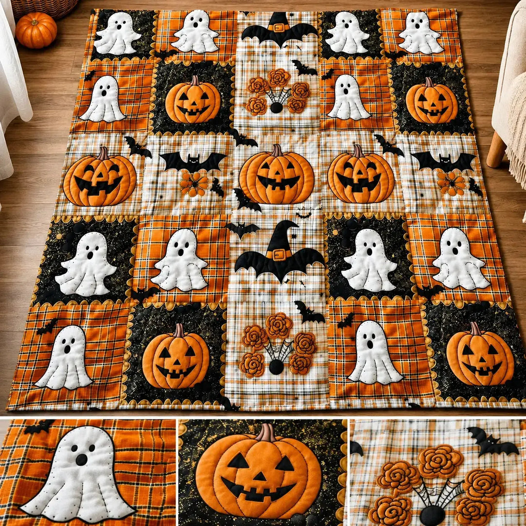 Patchwork Halloween Throw Blanket with Pumpkin and Ghost Print | Seasonal Style for Your Sofa | Throw Blankets