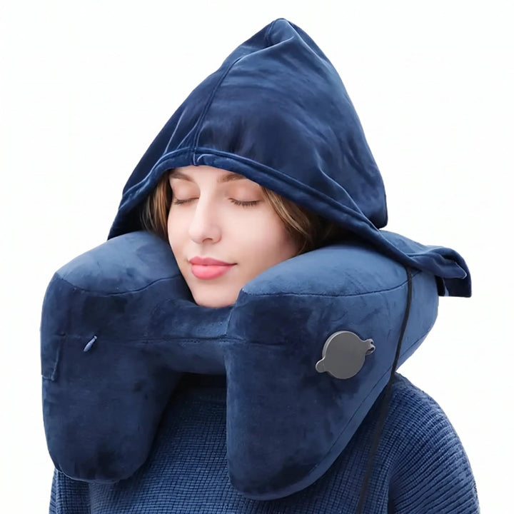 Inflatable Hooded Travel Pillow with U-Shape and Blackout Cap | Hooded Inflatable Travel Pillow | Travel Pillows