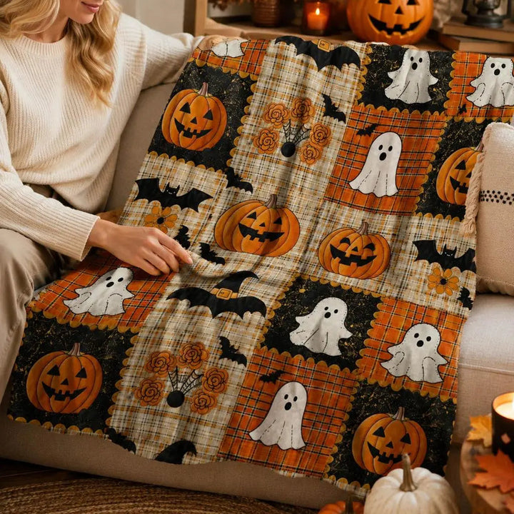 Halloween Patchwork Throw Blanket with Pumpkin and Ghost Design | Patchwork Halloween Throw Blanket | Throw Blankets