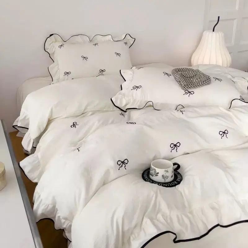 Bow Embroidery Ruffle Duvet Cover Set, 4 Pieces for Kids, Teens, Guests | Ruffled Bow Bedding for Girls Rooms | Duvet Cover Sets