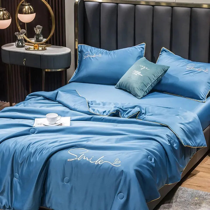 Embroidered Washed Silk Summer Quilt Set with Two Pillowcases | Light Embroidered Silk for Warm Nights | Bedding Sets