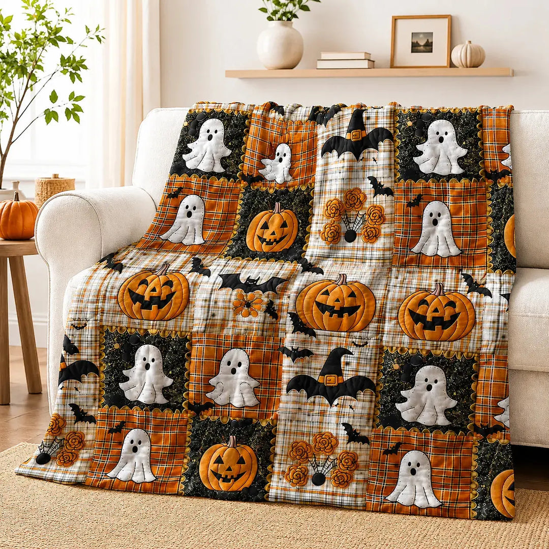 Patchwork Halloween Throw Blanket with Pumpkin and Ghost Print | Seasonal Style for Your Sofa | Throw Blankets