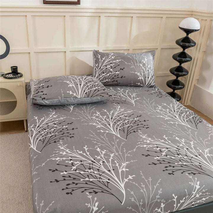 Gray Leaf Fitted Sheet with White Branch Pattern for Bedroom and Dorm | Gray Leaf Pattern Fitted Sheet | Fitted Sheets