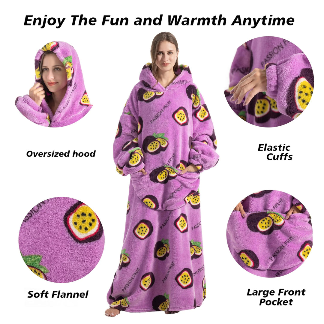 Long Wearable Blanket Hoodie with Plush Fabric and Sleeves | Long Plush Hoodie for Cold Rooms | Hooded Blankets