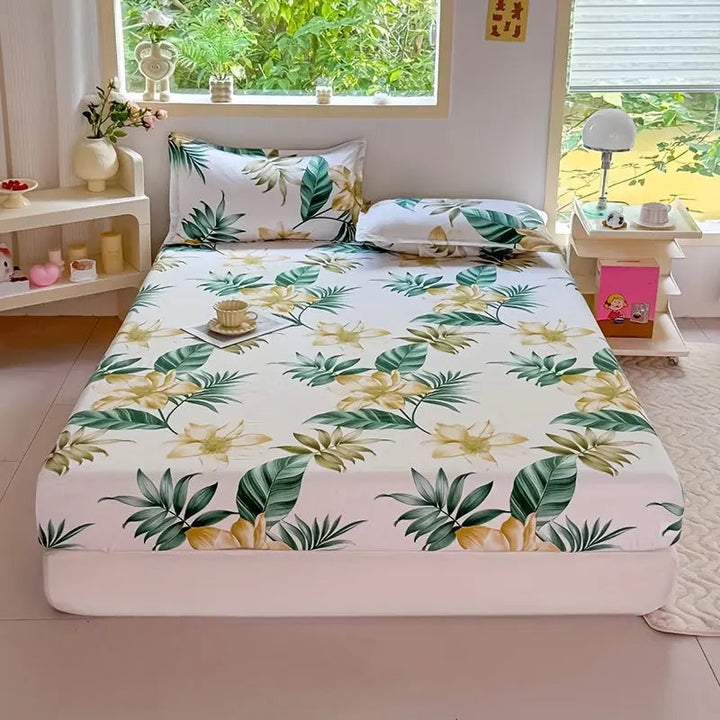 Fresh Floral Fitted Sheet Set with Matching Pillowcases | Light Floral Print on White | Fitted Sheets