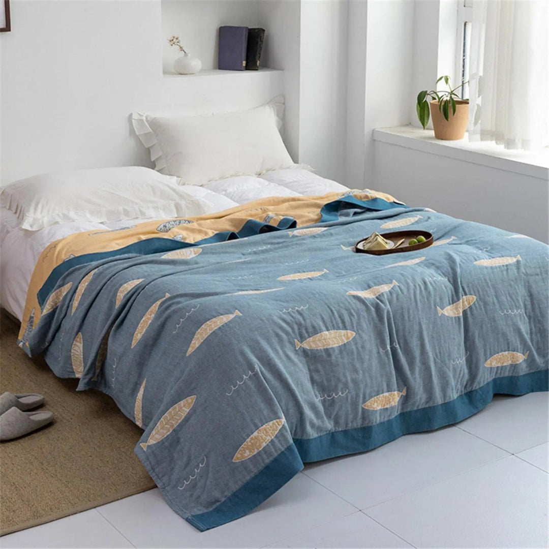 Fish Muslin Throw Blanket with Reversible Cotton Gauze Design | Reversible Cotton Gauze Fish Throw | Throw Blankets
