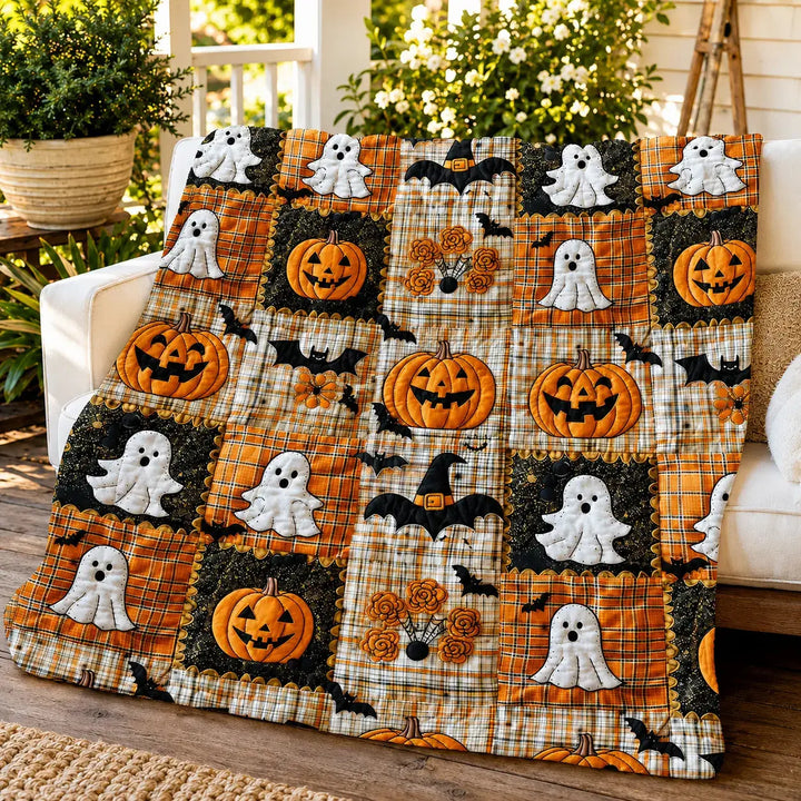 Halloween Patchwork Throw Blanket with Pumpkin and Ghost Design | Patchwork Halloween Throw Blanket | Throw Blankets