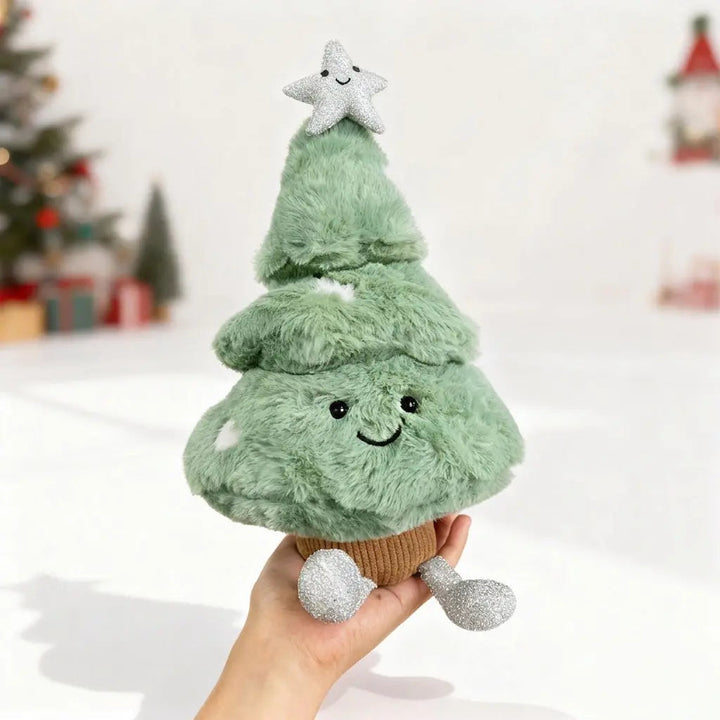 Pine Tree Christmas Plush Pillow with Smiling Face and Star | Playful Plush Christmas Tree | Holiday Decor