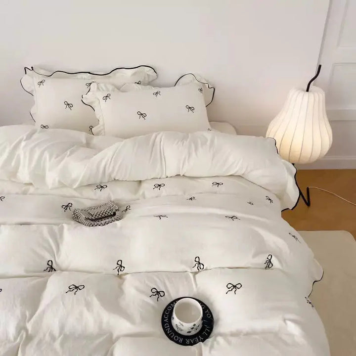 Bow Embroidery Ruffle Duvet Cover Set, 4 Pieces for Kids, Teens, Guests | Ruffled Bow Bedding for Girls Rooms | Duvet Cover Sets
