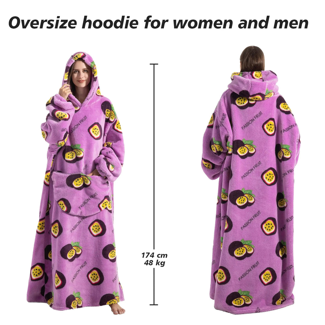 Long Wearable Blanket Hoodie with Plush Fabric and Sleeves | Long Plush Hoodie for Cold Rooms | Hooded Blankets