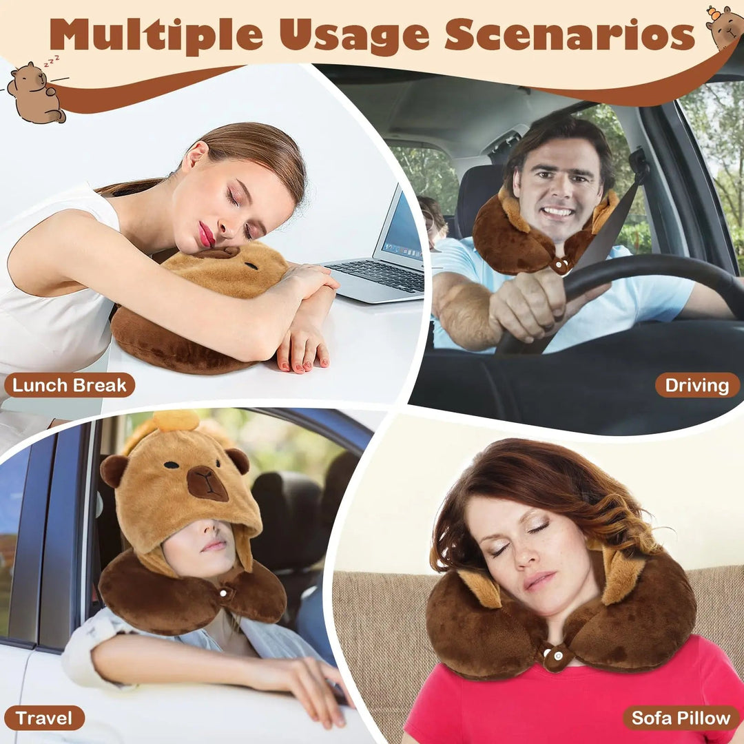 Capybara Travel Pillow with Plush Hood and Snap Closure | Capybara Hooded Travel Pillow | Travel Pillows