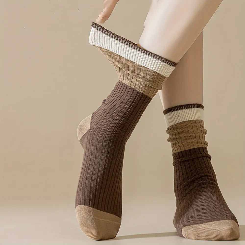 Brown Striped Crew Socks with Ribbed Knit Construction, 5 Pairs | Brown Striped Ribbed Crew Socks | Socks