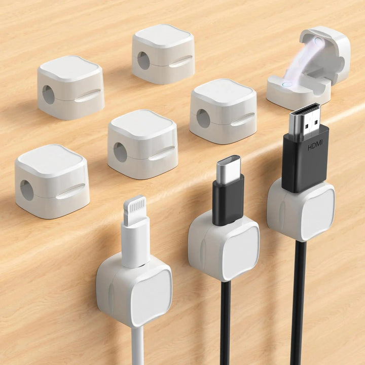 Magnetic Cable Clips, 6 Pieces with Adjustable Adhesive Mounting | Tidy Cables Under Desks and Beds | Cable Organisers