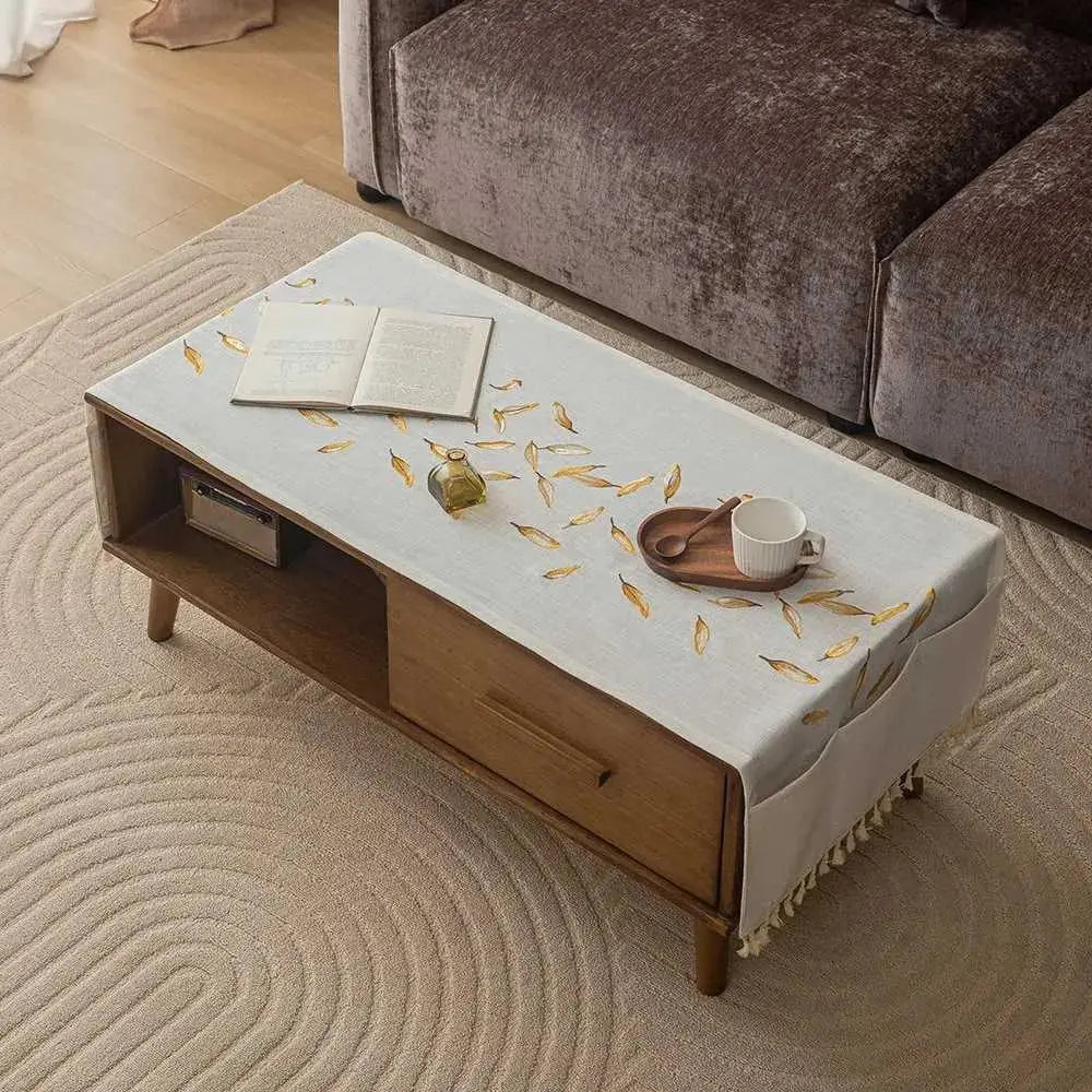 Tasseled Coffee Table Cover Cloth with Side Storage Pockets, 20x59in | Tidy Table, Pocketed Storage | Table Covers