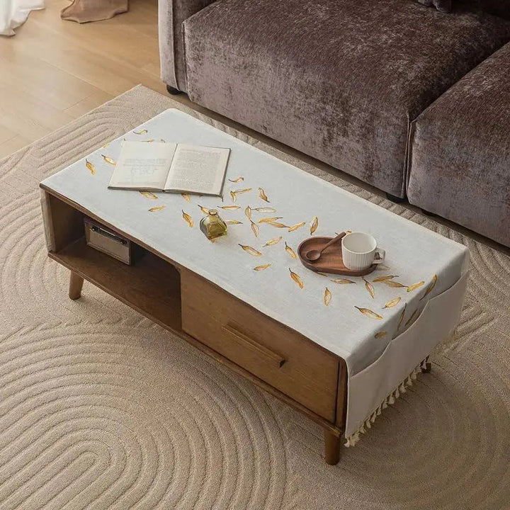 Tasseled Coffee Table Cover Cloth with Side Storage Pockets, 20x59in | Tidy Table, Pocketed Storage | Table Covers