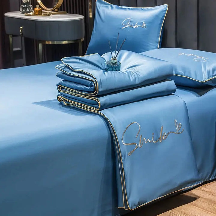 Washed Silk Embroidered Summer Quilt Set with Two Pillowcases | Light Silk-Style Summer Quilt | Quilts