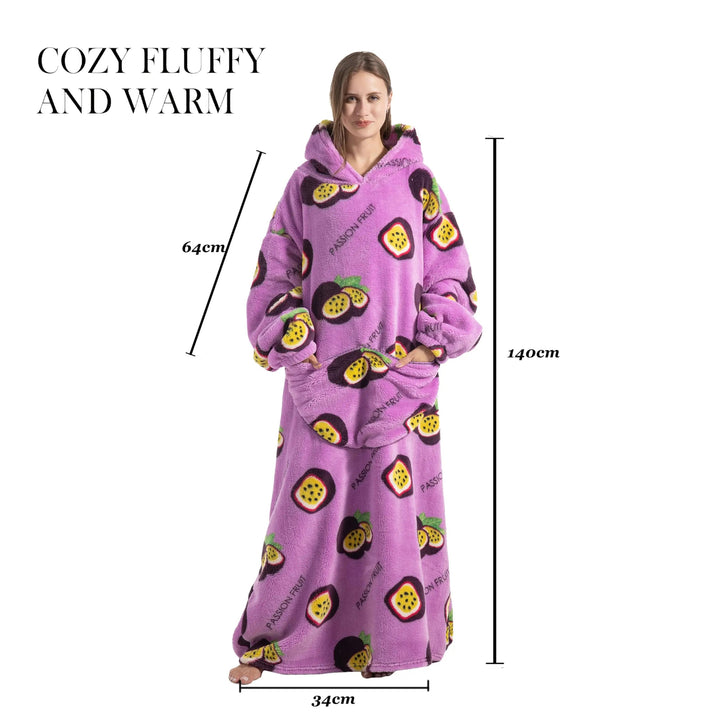Long Wearable Blanket Hoodie with Plush Fabric and Sleeves | Long Plush Hoodie for Cold Rooms | Hooded Blankets