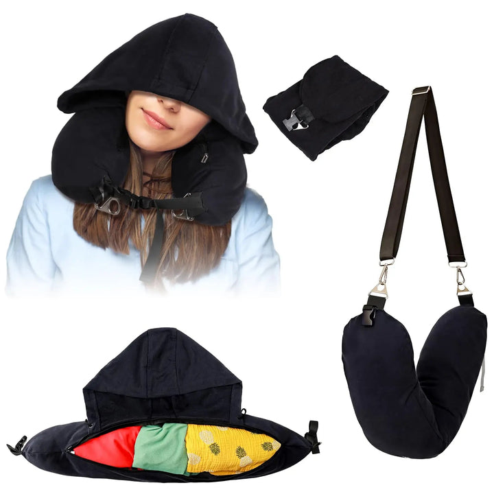 Stuffable Hooded Travel Pillow with Storage Bag and Adjustable Neck | Stuffable Hooded Travel Pillow | Travel Pillows