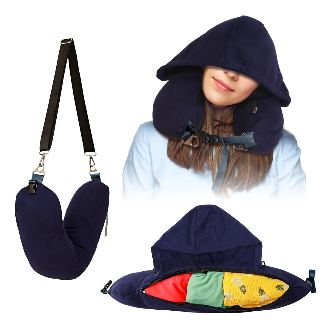 Stuffable Hooded Travel Pillow with Storage Bag and Adjustable Neck | Stuffable Hooded Travel Pillow | Travel Pillows