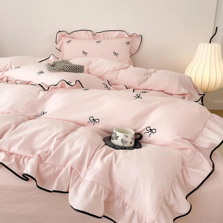 Bow Embroidery Ruffle Duvet Cover Set, 4 Pieces for Kids, Teens, Guests | Ruffled Bow Bedding for Girls Rooms | Duvet Cover Sets