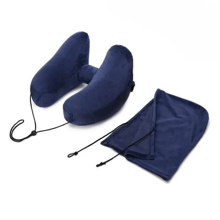 Inflatable Hooded Travel Pillow with U-Shape and Blackout Cap | Hooded Inflatable Travel Pillow | Travel Pillows