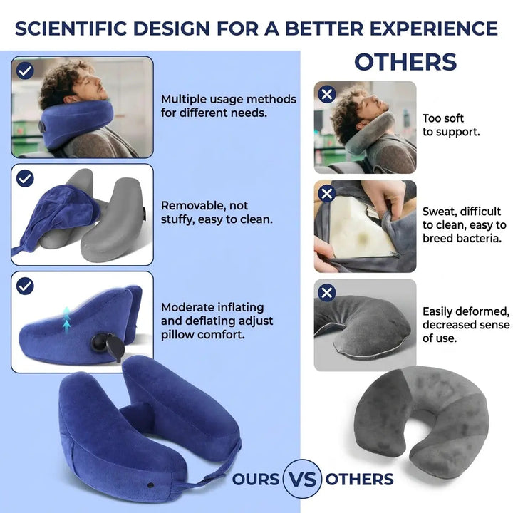 Inflatable Hooded Travel Pillow with U-Shape and Blackout Cap | Hooded Inflatable Travel Pillow | Travel Pillows