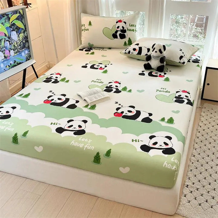 Cartoon Panda Printed Matte Fitted Sheet for Kids Bedrooms | Playful Panda Print for Kids | Fitted Sheets