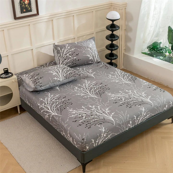 Gray Leaf Fitted Sheet with White Branch Pattern for Bedroom and Dorm | Gray Leaf Pattern Fitted Sheet | Fitted Sheets