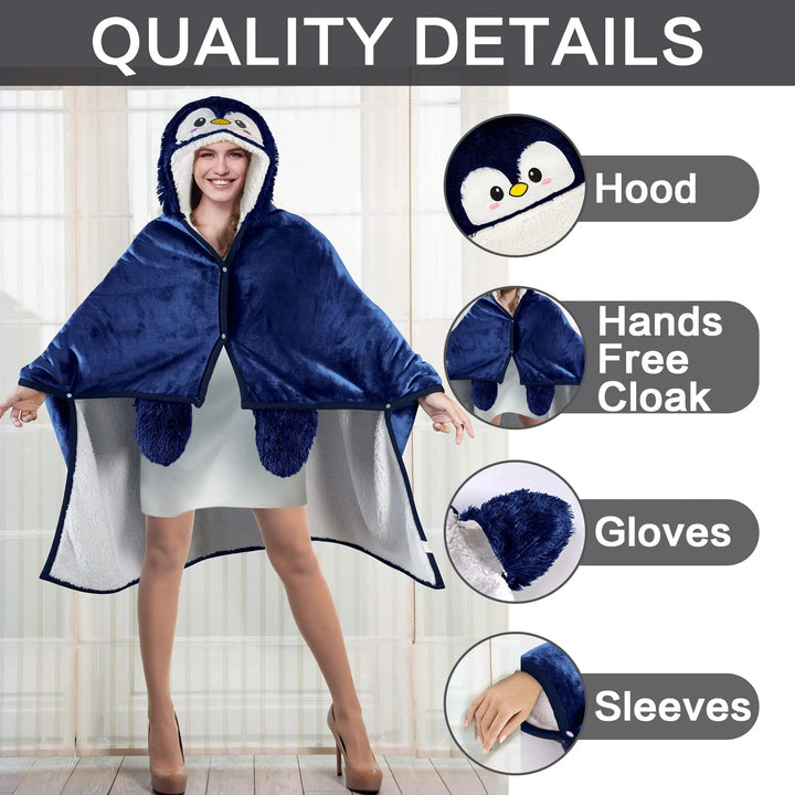 Cozy Penguin Wearable Blanket with Oversized Hood in Microfiber | Wearable Warmth with Fun Style | Wearable Blankets