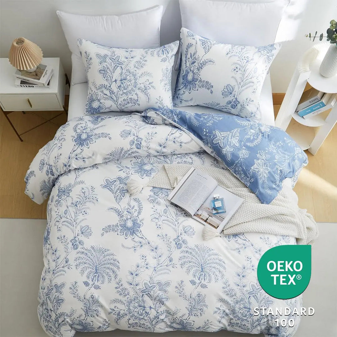 Reversible Floral Duvet Set with Blue White Pattern and Pillow Shams | Reversible Blue White Floral Duvet Set | Duvet Sets