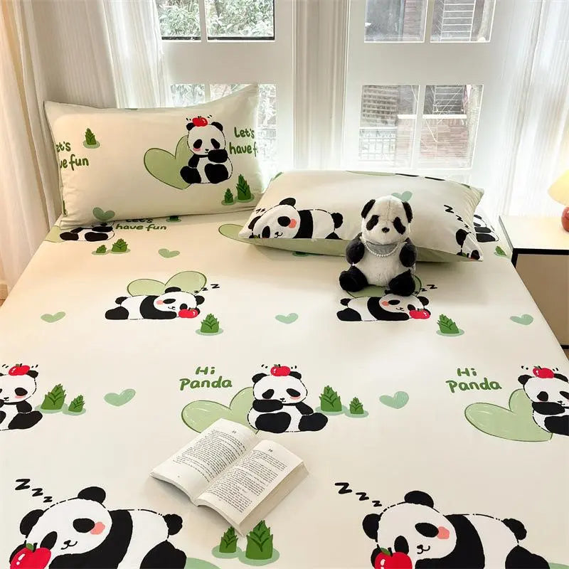 Cartoon Panda Printed Matte Fitted Sheet for Kids Bedrooms | Playful Panda Print for Kids | Fitted Sheets