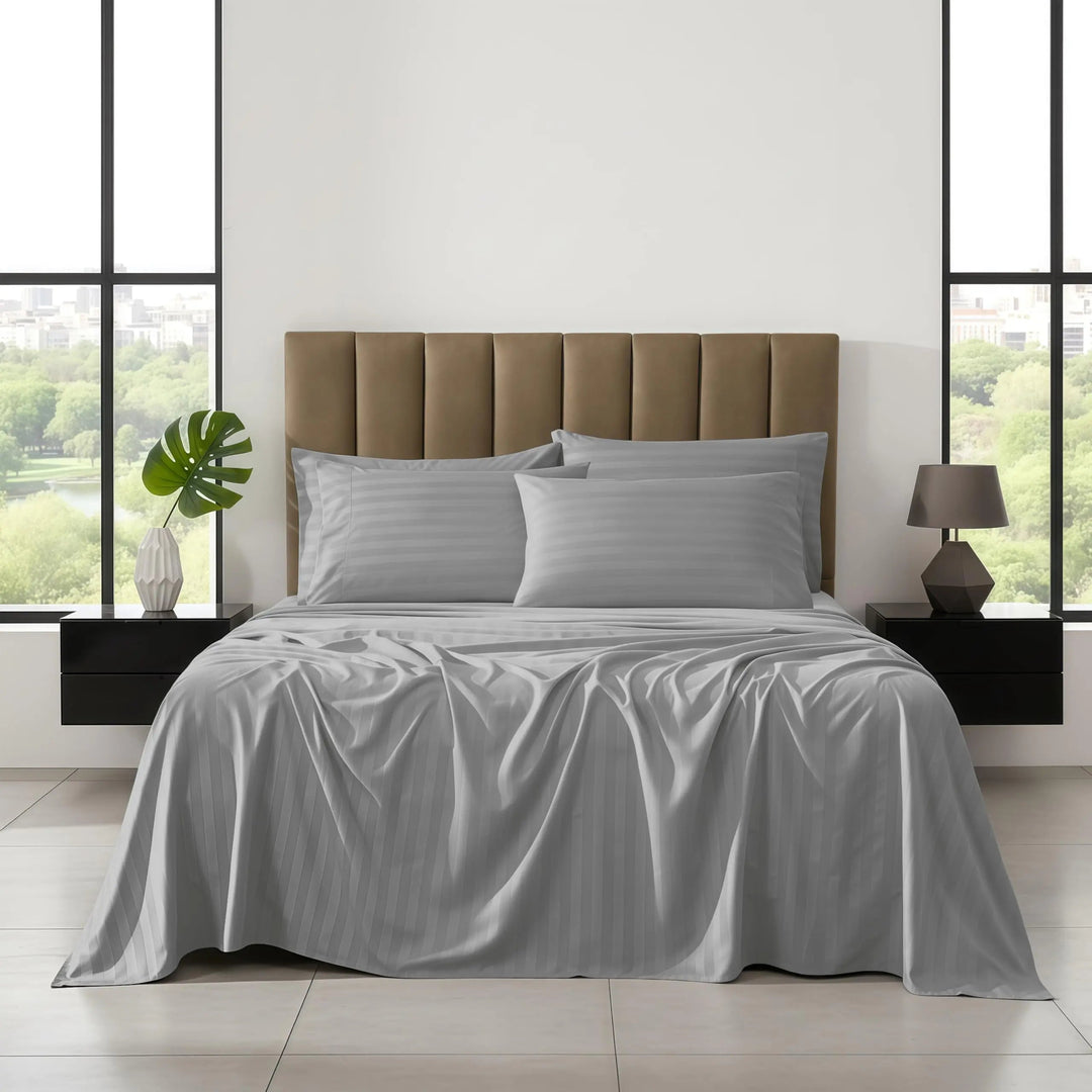 Solid Stripe Sheet Set with Fitted and Flat Sheets and Pillowcases | Solid Stripe Bed Sheet Set | Sheet Sets