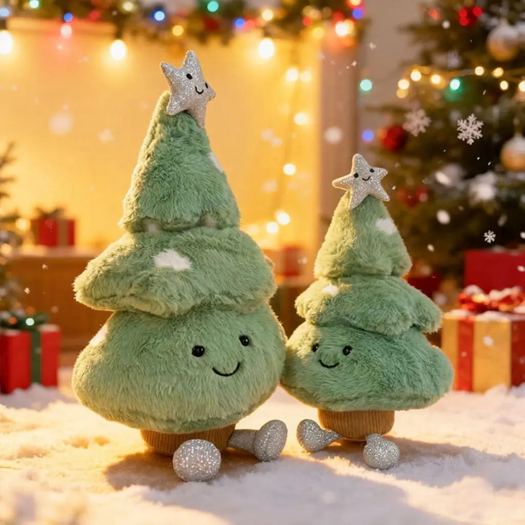 Pine Tree Christmas Plush Pillow with Smiling Face and Star | Playful Plush Christmas Tree | Holiday Decor