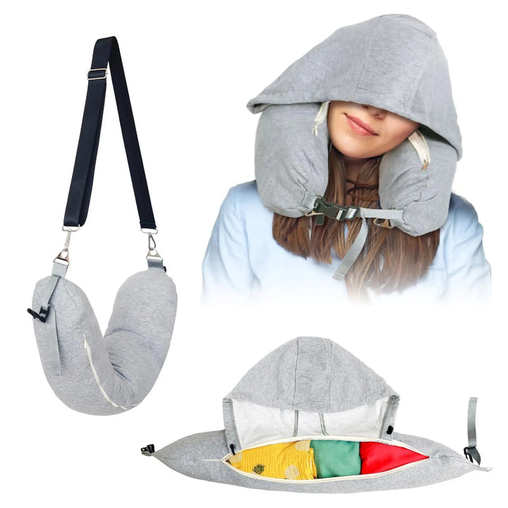 Stuffable Hooded Travel Pillow with Storage Bag and Adjustable Neck | Stuffable Hooded Travel Pillow | Travel Pillows