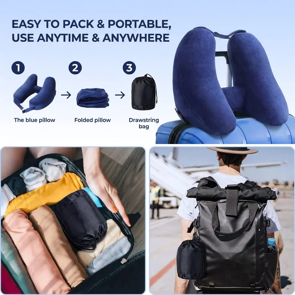 Inflatable Hooded Travel Pillow with U-Shape and Blackout Cap | Hooded Inflatable Travel Pillow | Travel Pillows