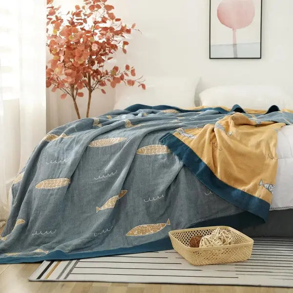 Fish Muslin Throw Blanket with Reversible Cotton Gauze Design | Reversible Cotton Gauze Fish Throw | Throw Blankets
