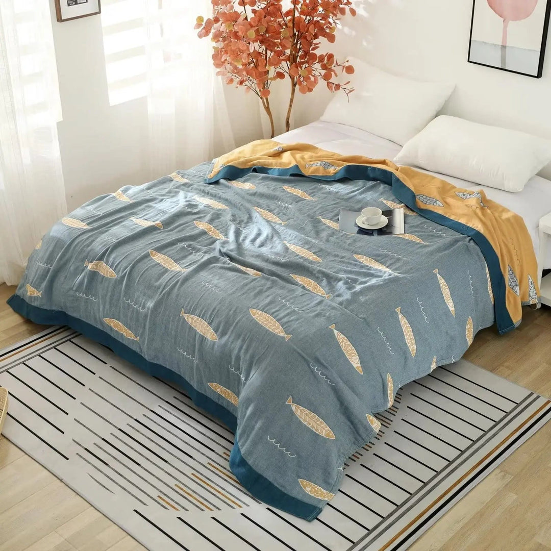 Fish Muslin Throw Blanket with Reversible Cotton Gauze Design | Reversible Cotton Gauze Fish Throw | Throw Blankets