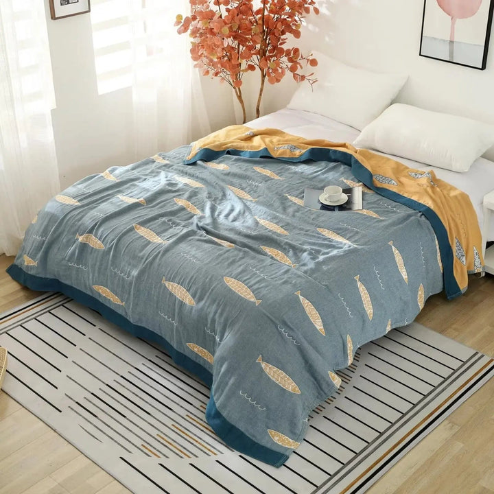 Fish Muslin Throw Blanket with Reversible Cotton Gauze Design | Reversible Cotton Gauze Fish Throw | Throw Blankets