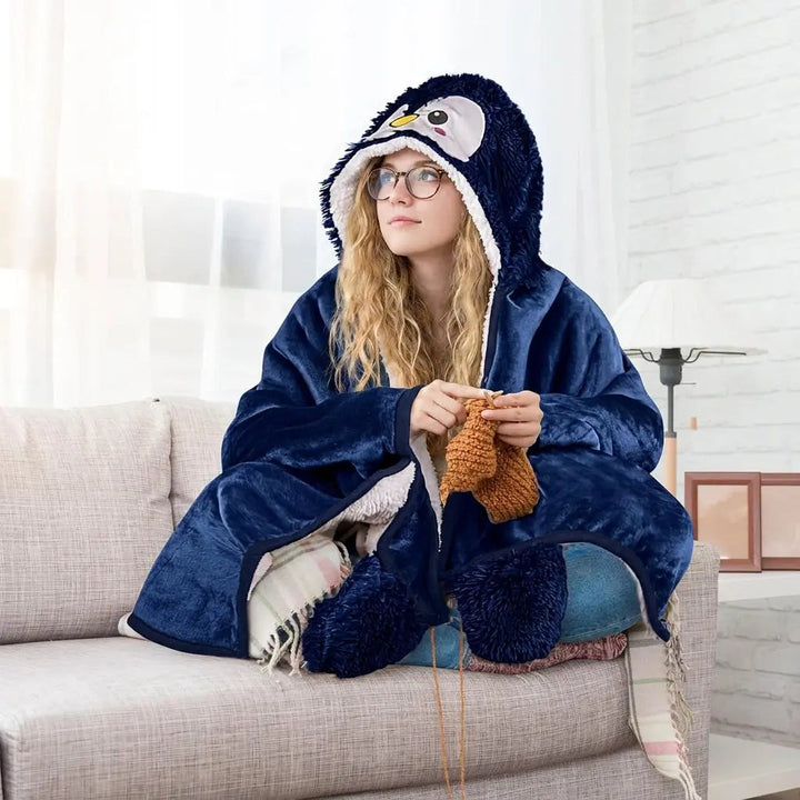 Cozy Penguin Wearable Blanket with Oversized Hood in Microfiber | Wearable Warmth with Fun Style | Wearable Blankets