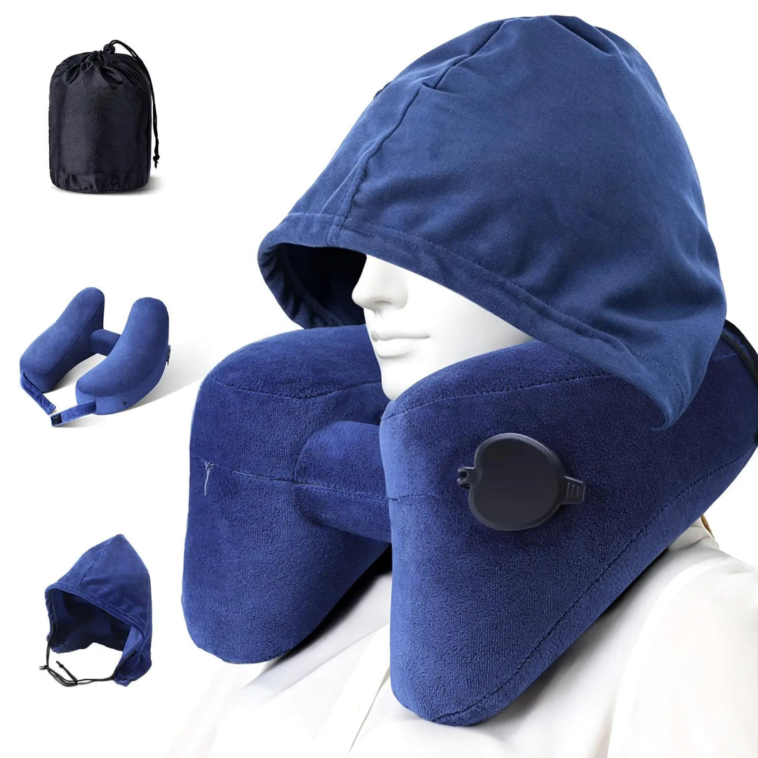Inflatable Hooded Travel Pillow with Built-In Blackout Cap | Sleep Anywhere You Travel | Travel Pillows