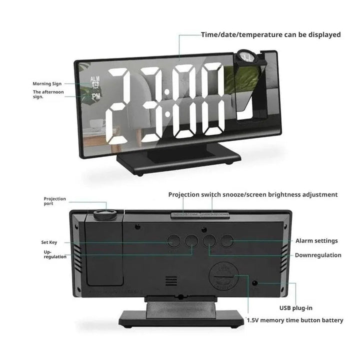 Projection Alarm Clock with Rotating Ceiling Display and Large LED Screen | Time on the Ceiling at Night | Alarm Clocks
