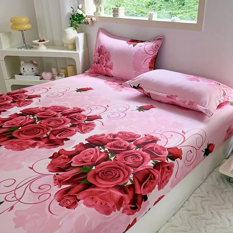 Fresh Floral Fitted Sheet Set with Matching Pillowcases | Light Floral Print on White | Fitted Sheets