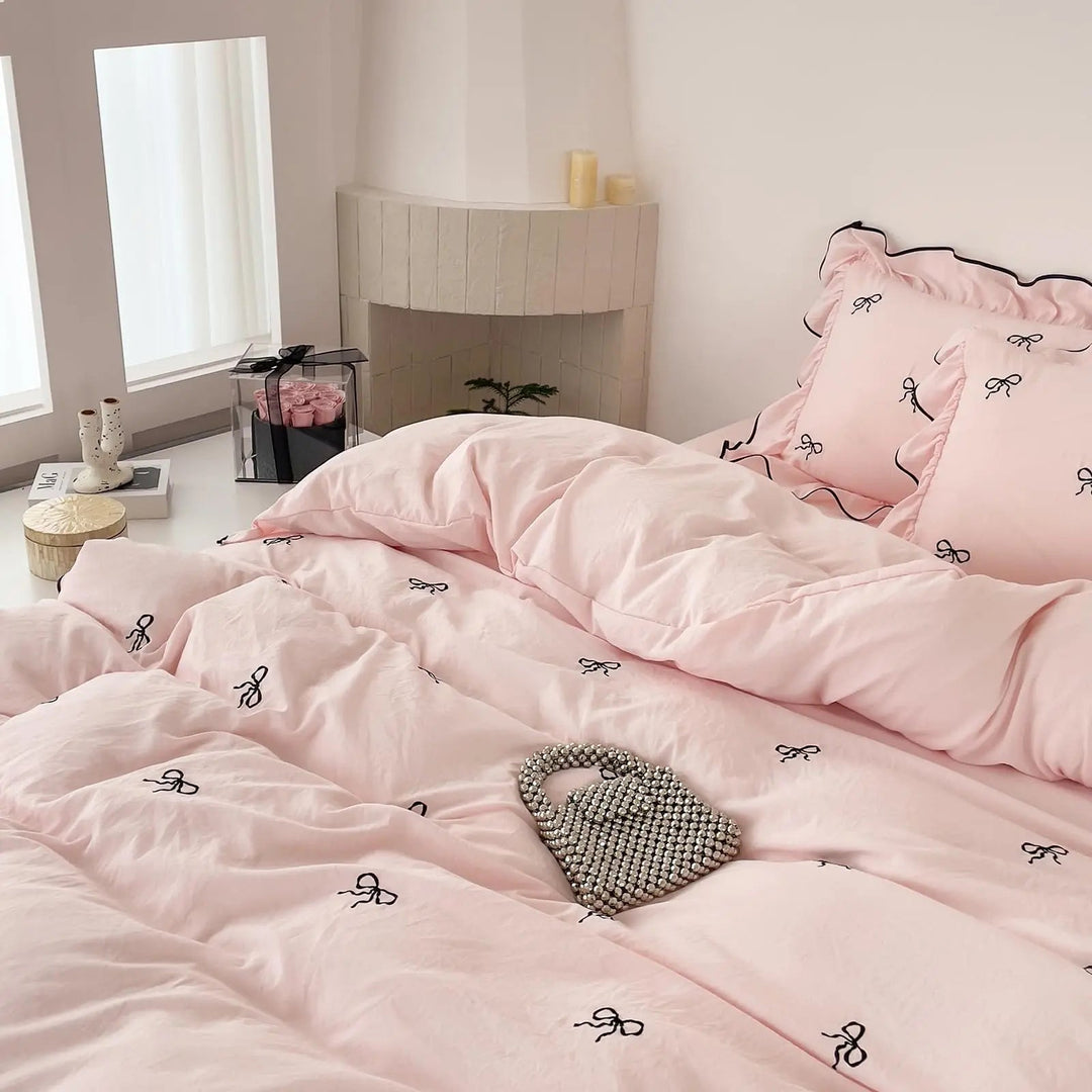 Bow Embroidery Ruffle Duvet Cover Set, 4 Pieces for Kids, Teens, Guests | Ruffled Bow Bedding for Girls Rooms | Duvet Cover Sets